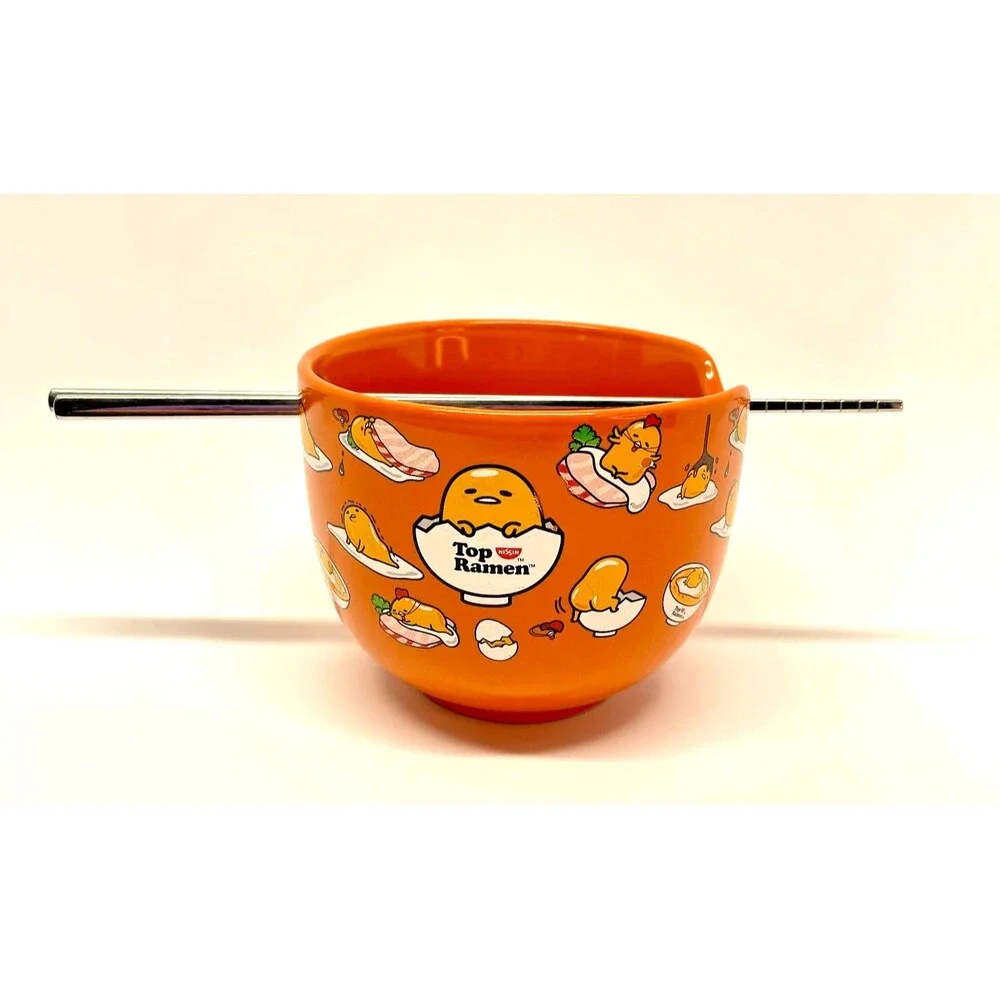 Sanrio Gudetama Japanese Top Ramen 20 oz Noodle/Rice Bowl w/ Silver Chopsticks